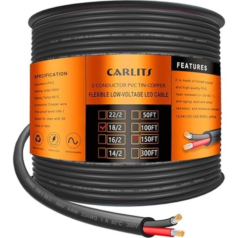 2x0,8mm² Fil Électrique, Câble Torsadé Basse Tension 18/2, Rallonge Cordon d'Alimentation pour Lampe LED, Automobile, Bateau, Électronique (1/5)