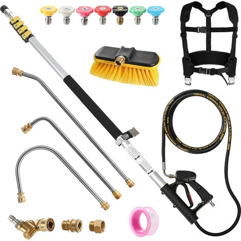 Lance télescopique pour nettoyeur haute pression, lance télescopique de 7,3 m (24 pi) avec rallonges, tête de brosse, raccord pivotant, 7 buses, sangle de support, pour gouttières (1/5)
