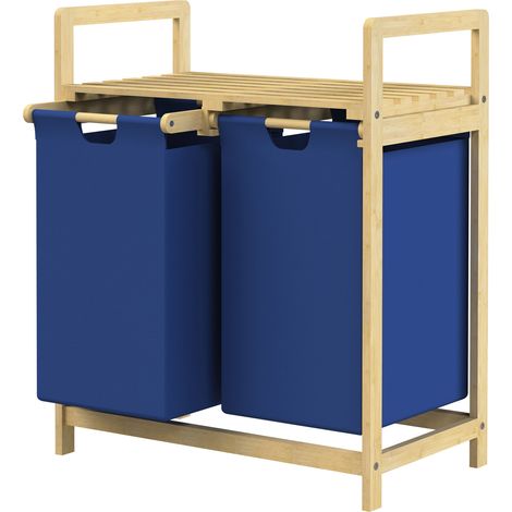 ML-Design Panier à Linge en Bambou, Bleu Foncé, Collecteur de Linge avec 2 Sacs à Linge Extensibles 60 L, Rangement Buanderie, LxlxH: 63x33x73 cm, Coffre avec Etagère, Salle de Bain, Chambre, Dortoir