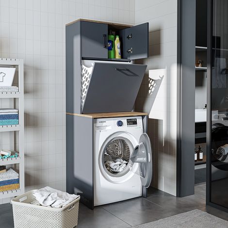 Luna Washing Machine Cabinet with Built In Laundry Basket and Storage Cupboards, Oak Effect and Anthracite (1/5)