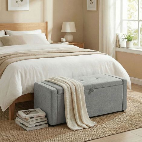 Coffre rangement 142l Gris 200 kg pouf siège large rembourré lin capacité clair