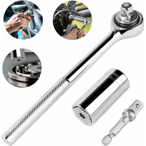 Clé à douille Jeu de clés à douille universelles avec adaptateur de perceuse, compatible avec tous les types d'écrous - 7 mm à 19 mm, jeu de douilles à cliquet polyvalentes 3 en 1 (1/5)