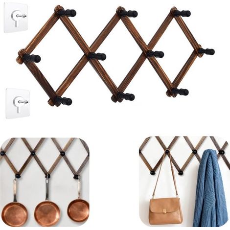 Porte-manteau mural pliable - patère rétractable à visser sans perçage pour manteaux, chapeaux et clés, brun, 35 x 8 cm (1/5)