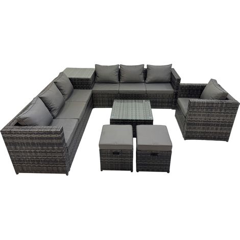 Fimous 9 Seater Garden Outdoor Rattan Furniture Set Patio Corner Sofa Coffee Table with Side Table 2 Small Stool Dark Grey (1/5)