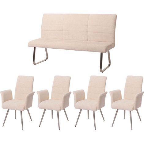 Esszimmer-Set HHG-219, 4er-Set Stuhl mit Armlehne+Sitzbank 160cm, Edelstahl gebürstet Stoff/Textil Chenille creme