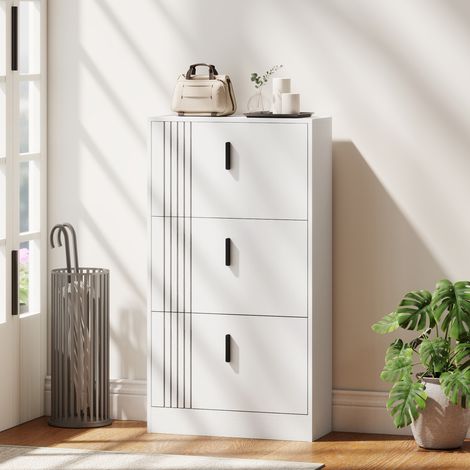 Schuhschrank mit 3 Klapptüren, Platz für 18 Paar Schuhe, große Schuhaufbewahrung aus Holz, 63 x 24 x 117 cm, weiß (1/5)