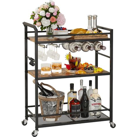 Chariot de Bar Desserte pour Boissons Chariot de Service à 3 Niveaux sur roulettes Chariot de Cuisine Roulant pour La Fête à la Maison Brun Rustique (1/5)