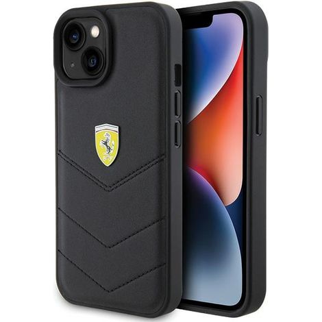 Ferrari FEHCP15SRDUK iPhone 15 / 14 / 13 6,1 Zoll schwarze/schwarze Hartschalen-Schutzhülle mit gestepptem Metalllogo