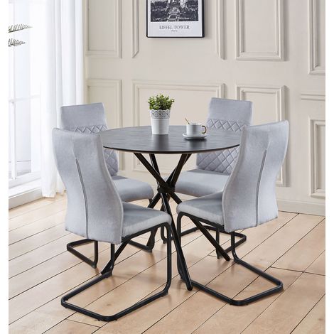Hallowood Furniture Cullompton Small Round Dining Table and Chair Set 4, Black Wooden Effect Top Kitchen Table and Chairs with Cantilever Design in Light Grey Fabric, Modern Dining Room Sets (1/5)