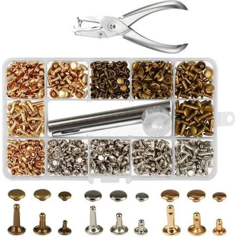 Lot de 300 rivets en cuir 3 tailles avec pince et 3 outils de fixation pour rivets de remplacement DIY bricolage réparation (1/4)