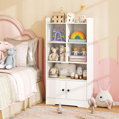 Goplus – Bibliothèque enfant en bois 120 cm – 5 compartiments ouverts et 2 armoires – Design moderne et sécurisé – Pour chambre, salon, bureau (1/5)