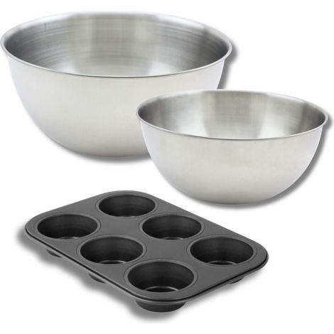 Lot comprenant 1 Moule à Muffins 6 empreintes, 1 spatule Zenker et 2 bols à mixer en inox Fackelmann (1/5)