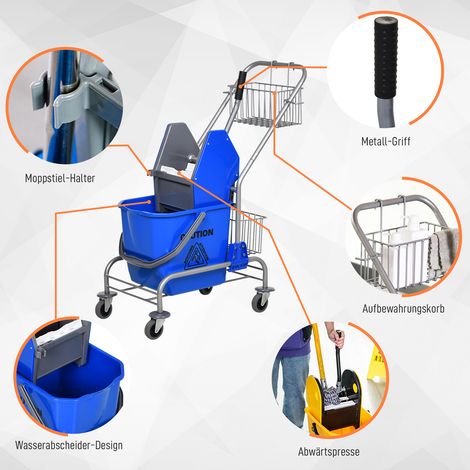 Chariot de ménage professionnel avec presse à essorer, seau 26 L + panier de rangement, bleu, 73L x 45B x 95H cm (1/5)