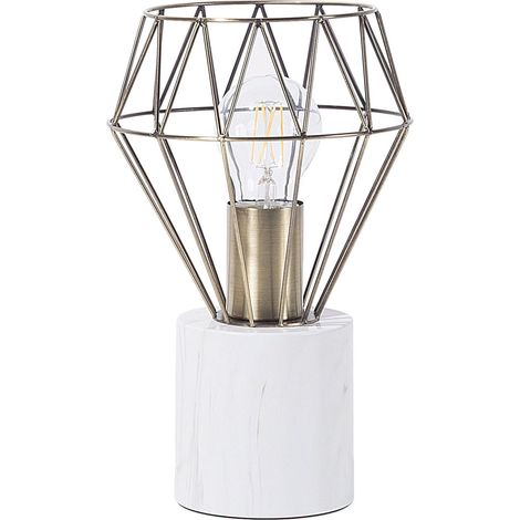 Table Lamp Bedside Light Brass Metal Diamond Cage Shade Round Base Marble Look MOONI