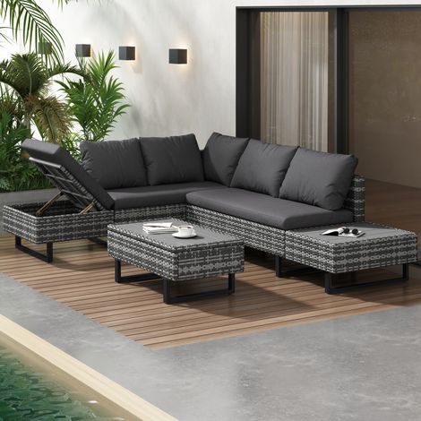 Grey Poly Rattan Garden Lounge Set for 4-5 People with Corner Sofa,Table,Cushions&Washable Covers