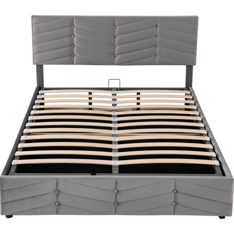 Cama canapé hidráulica 140 x 190 cm de terciopelo gris con cabecero ajustable (1/5)