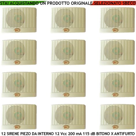 Sirena Antifurto da Parete Interna 12 Pezzi Diffusore Piezoelettrico Acustica 115 dB Morsetti Polarizzati Alimentazione 12 Vcc Assorbimento 200 mA Bitonale A/B 1500 +/- 4000 Hz Contenitore ABS IP32 (1/2)