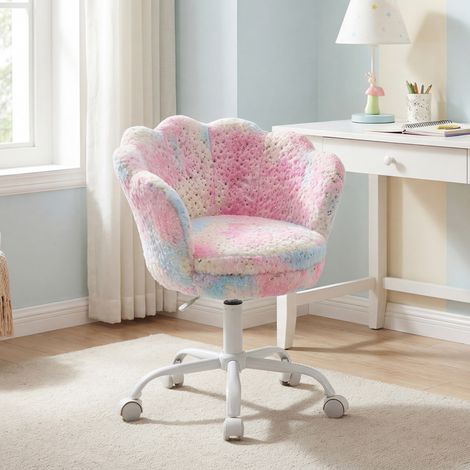 Wahson Chaise de bureau enfant réglable – Coussin en fausse fourrure rose – Dossier enveloppant – Pivote 360° – Pour espace d'étude ou de jeu, Foururre Rose