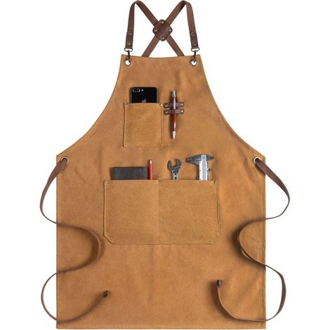 Canvas-Schürze für Damen und Herren mit Taschen, gekreuztem Rückenteil, zum Grillen, Frisieren und Friseurhandwerk (1 Stück, Braun) (1/4)