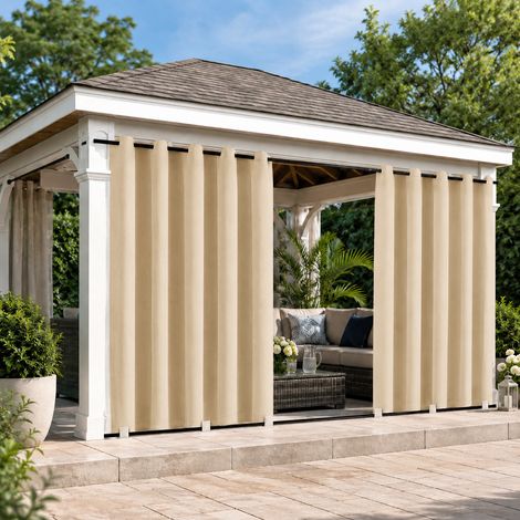 HEMVOR Rideau Extérieur avec Oeillet, Passants en Bas, Résistant aux Intempéries, Beige 132x213cm, Imperméable Anti-UV, Facile Nettoyage