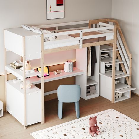 lit adulte rangement avec bureau 90 200 bois blanc grand HAVRYA (1/5)