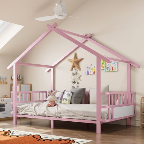 Letto bambino 90 x 200 cm in metallo a forma di casa con sponda di sicurezza rosa OKMYHOME (1/5)