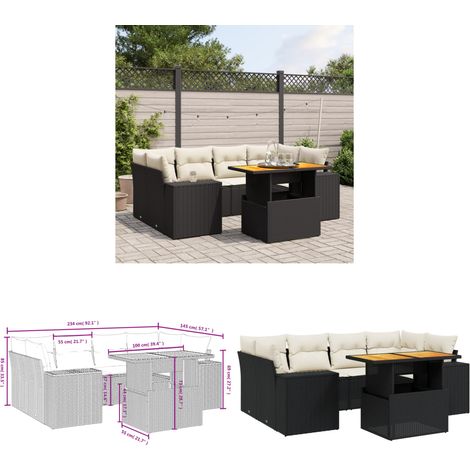 Salon de jardin 7 pcs avec coussins noir résine tressée - Ensemble Salon De Jardin - Meuble Extérieur - Résine Tressée - Rotin Synthétique - Table Extensible - Home & Living (1/3)