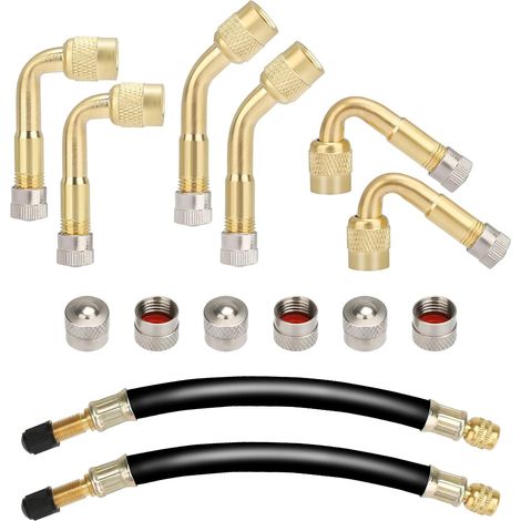 6 Stück Reifen Ventil Verlängerung Set, Autoventil Kupfer Ventiladapter 45 90 135 Grad Winkelventil mit 2 Stück 180mm Flexible Gummi Reifen Ventilverlängerung für Auto Motorrad Fahrrad Scooter (1/5)