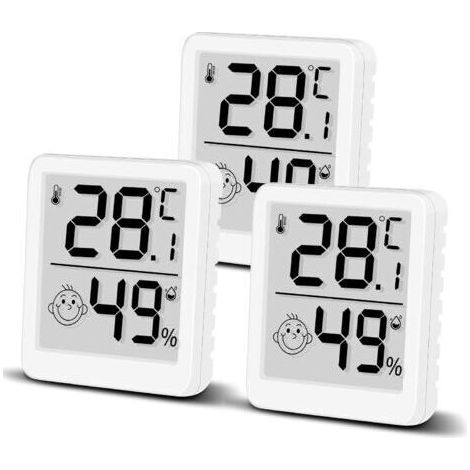 Lot de 3 thermomètres hygromètres numériques avec smiley et écran LCD pour l'intérieur - Mini humidimètre - Capteur de température haute précision pour chambre de bébé, intérieur, bureau, salon (3) (1/5)