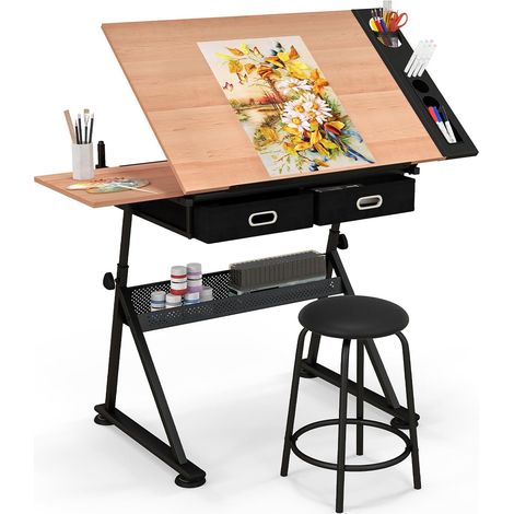 Costway – Table à dessin inclinable avec tabouret – Hauteur réglable 73,5-98 cm – 2 tiroirs de rangement – Dimensions 61,5 x 119 cm (1/5)