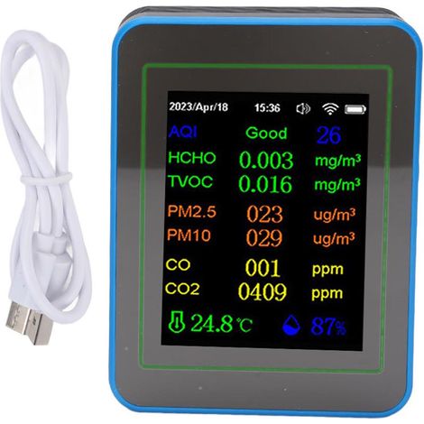 Eosnow Compteur de qualité de l'air 12 en 1, WiFi, CO2 TVOC HCHO, détection intelligente de la température et de l'humidité en intérieur, alimenté par batterie, avec affichage de l'heure, noir + bleu