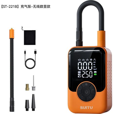 (Orange) Pompe à air électrique portable sans fil haute pression pour véhicule, compresseur d'air embarqué avec manomètre de pression des pneus à double écran. (1/5)
