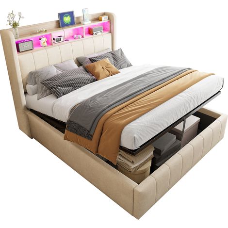 Lit en tissu lin beige 140x200 cm avec éclairage LED et prise USB, tête de lit avec étagères et rangement, sommier à vérins hydrauliques pour stockage, lit double adulte avec coffre (1/5)