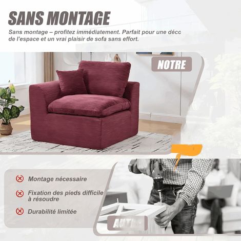 Fauteuil Salon 1 Place Scandinave - Canapé Minimaliste en Tissu, Doux Confortable avec Coussin, Idéal pour Salon(Rouge bordeaux)