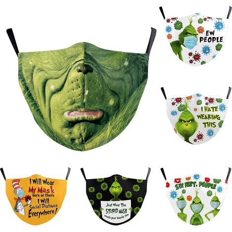 Lot de 6 masques lavables en coton imprimé numérique 3D monstre vert pour Halloween et Noël, protection anti-poussière avec poche filtrante (1/5)