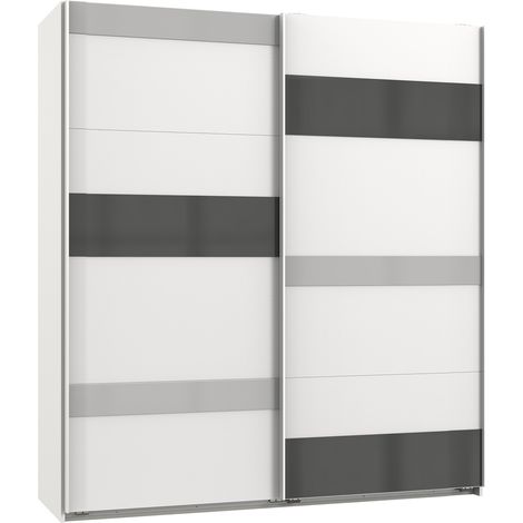 Armoire, meuble de rangement coloris blanc, rechampis et verre coloris gris - Longueur 180 x Hauteur 210 x Profondeur 65 cm -PEGANE-