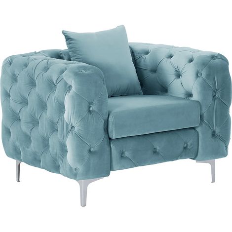 Fauteuil chesterfield en velours bleu pastel EDWINA (1/5)