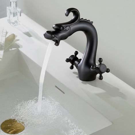 Robinet mitigeur monocommande noir mat mitigeur eau froide et chaude robinet d'évier robinet vintage pour la maison, la cuisine, la salle de bain, robinet sculpté dragon (1/5)