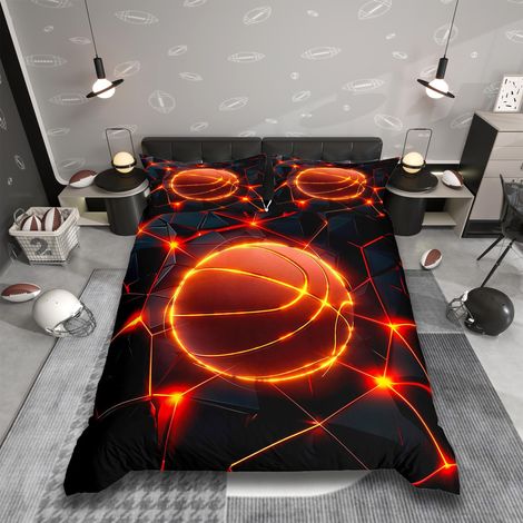 Parure de lit avec housse de couette 135 x 200 cm, motif de basketball, noir et rouge, lignes géométriques, jeux de ballon, art moderne, pour garçons et filles, adolescents (1/5)