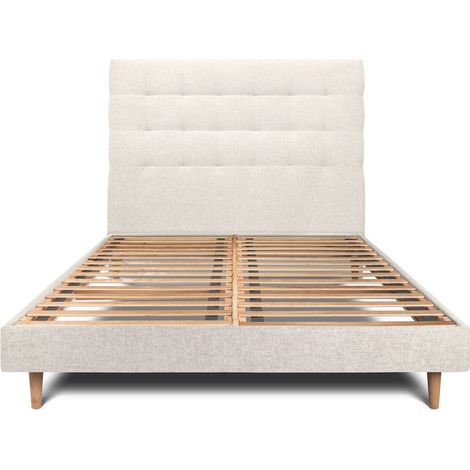 Lit 150x200cm avec tête de lit capitonnée tissu et sommier kit Beige clair - Hauteur totale : 29cm (1/5)