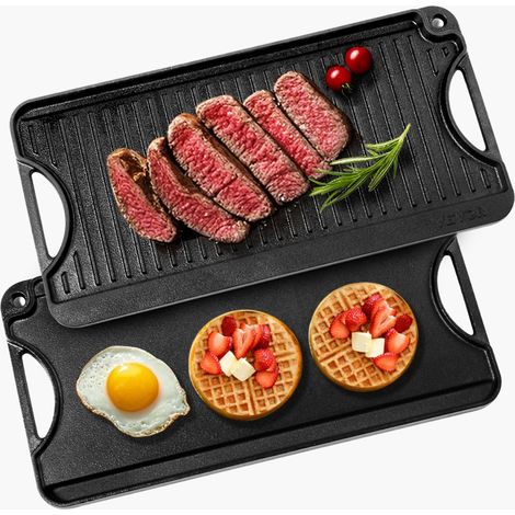 Plaque de cuisson réversible en fonte, 492x218 mm, plaque-gril pré-assaisonnée portable avec poignée, poêle à griller pour brûleur de cuisinière intérieur/extérieur, gaz, barbecue camping, noir (1/5)