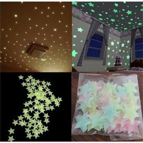 Autocollant mural - Phosphorescent - Étoiles - 100pcs - Décoration chambre bébé - Jaune (1/4)