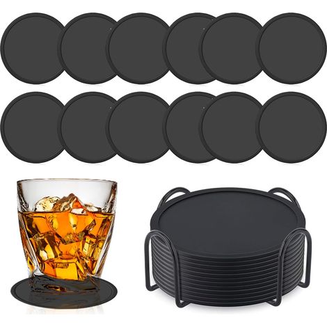 Lot de 12 dessous de verre, silicone, noir, 10 cm, support métal, antidérapant, salon, cuisine (1/5)