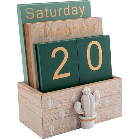 Calendrier Perpétuel - En Bois Massif - Pour Bureau Maison Ou Bureau - Vert - 1 Pièce (1/5)