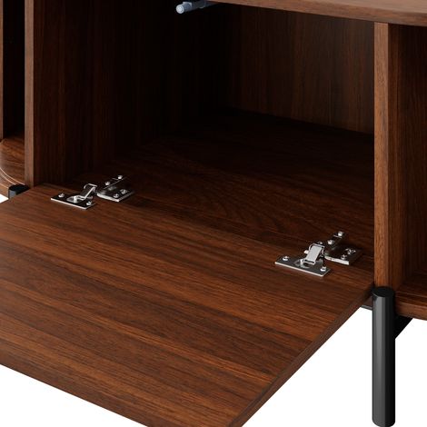 Table basse ovale effet bois naturel avec portes coulissantes en rotin, rangement fermé et pieds en métal pour salon et séjour (1/5)
