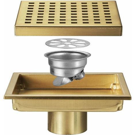 Siphon de sol de douche carré avec couvercle de grille amovible, acier inoxydable SUS 304, or brossé (1/5)