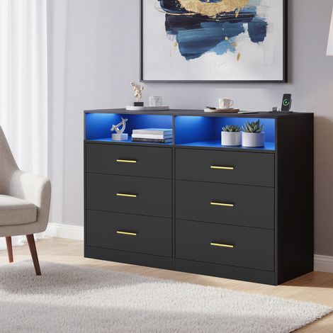 Commode Moderne avec Station de Charge et Éclairage LED, 6 Tiroirs, pour Chambre, Salon, Noir (1/5)