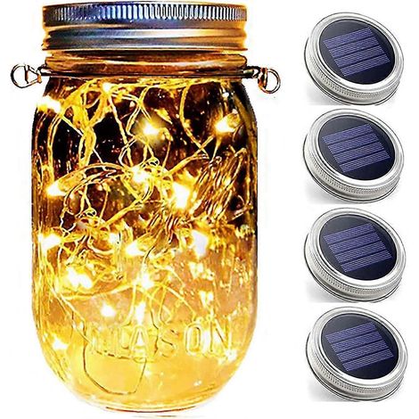 Lampes solaires d'extérieur (lot de 4), guirlande lumineuse de 20 LED dans un bocal en verre, lanterne solaire, lampe de table de balcon, lampe suspendue décorative pour la maison (1/5)