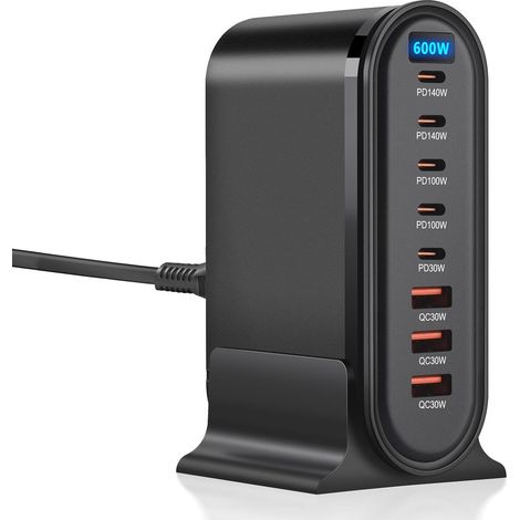 600W Multi-Port USB-C Charger, 8-Port GaN Fast Charger, QC+PD Multi-Port Fast Charger, Charging Station Compatible with Laptops and Phones (1/5)