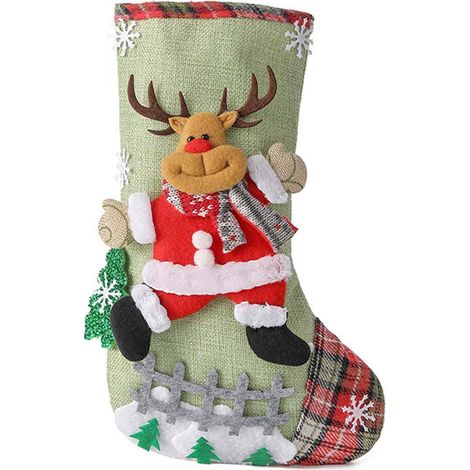 Chaussette De Noël - En Lin À Carreaux - Décoration De Table Et Cheminée - Pour Adultes Et Enfants - 1 Pièce (1/2)